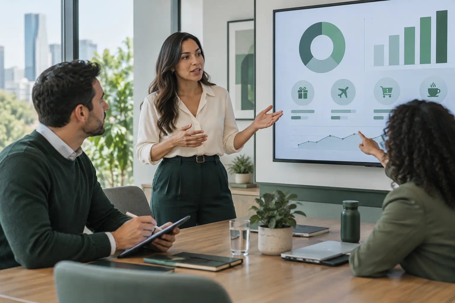 A product team reviewing redemption options on a wall screen in a bank meeting room
