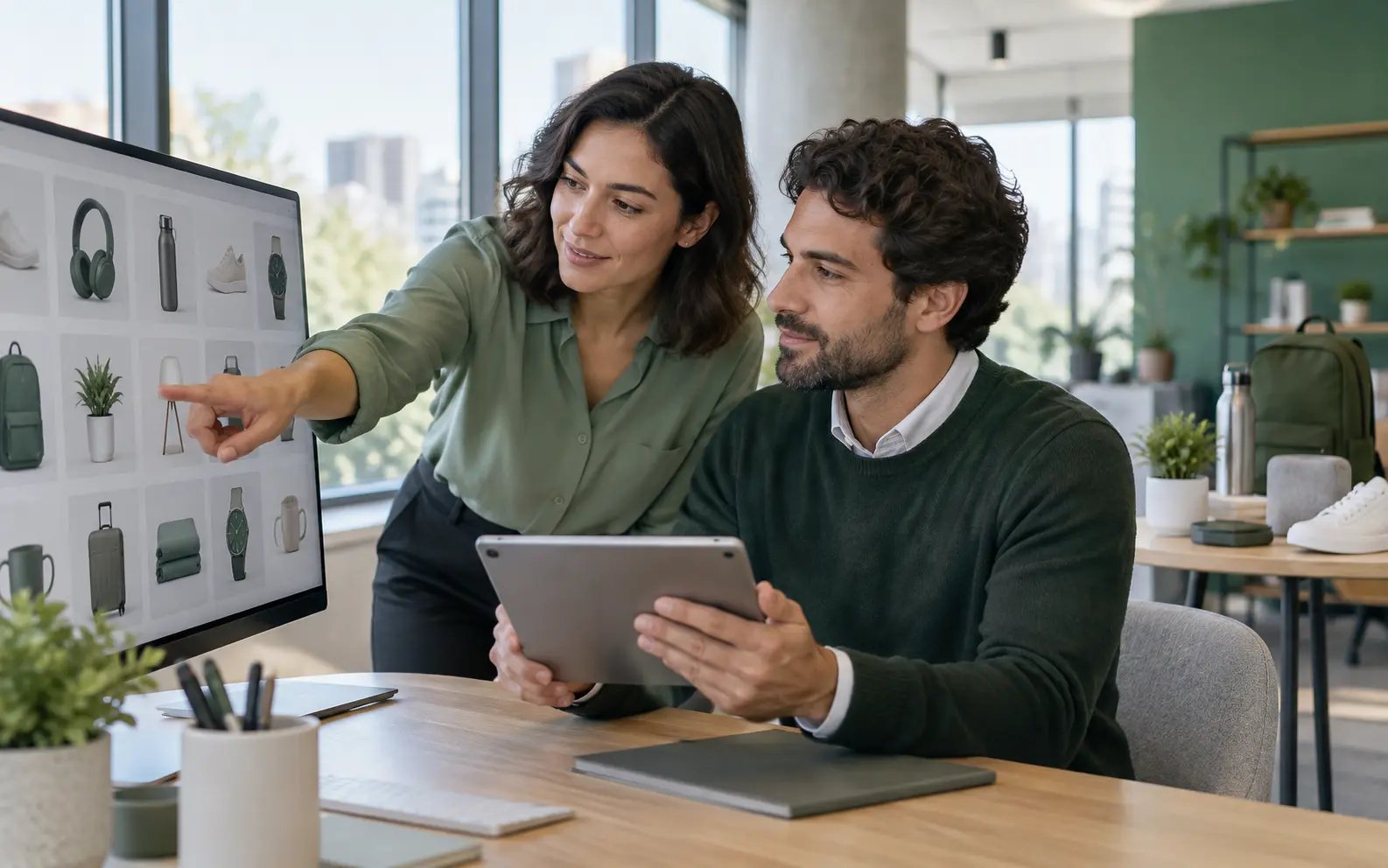 Two colleagues choosing product categories for a rewards marketplace on a monitor and a tablet