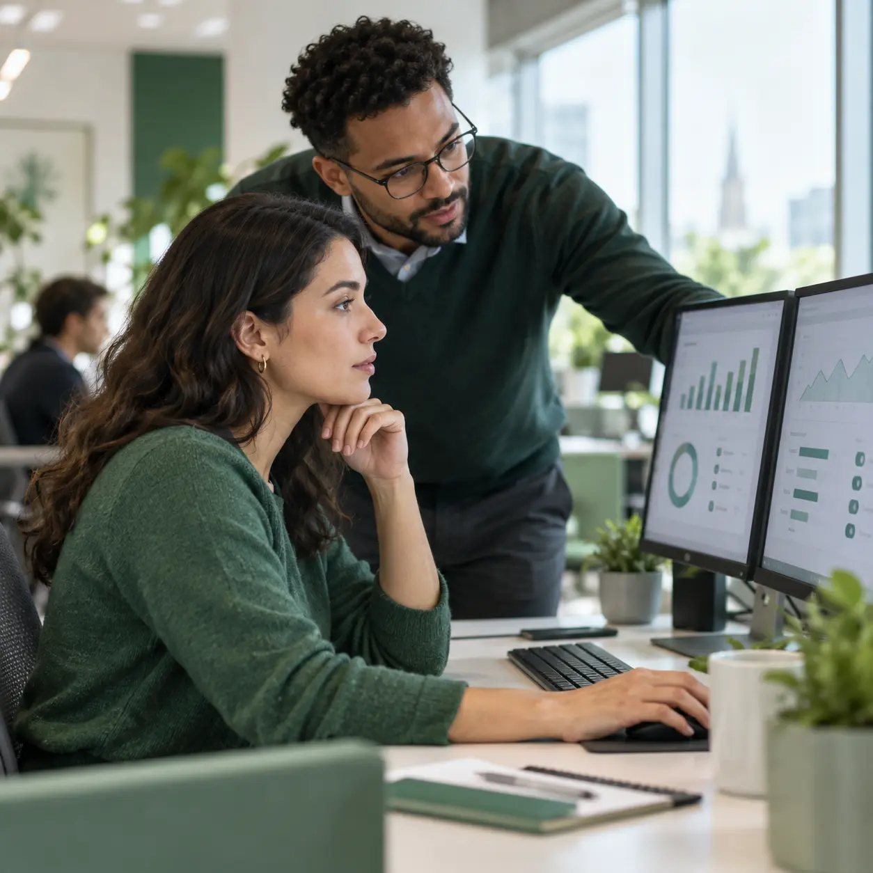 An analyst and a colleague reviewing points accrual dashboards on two monitors