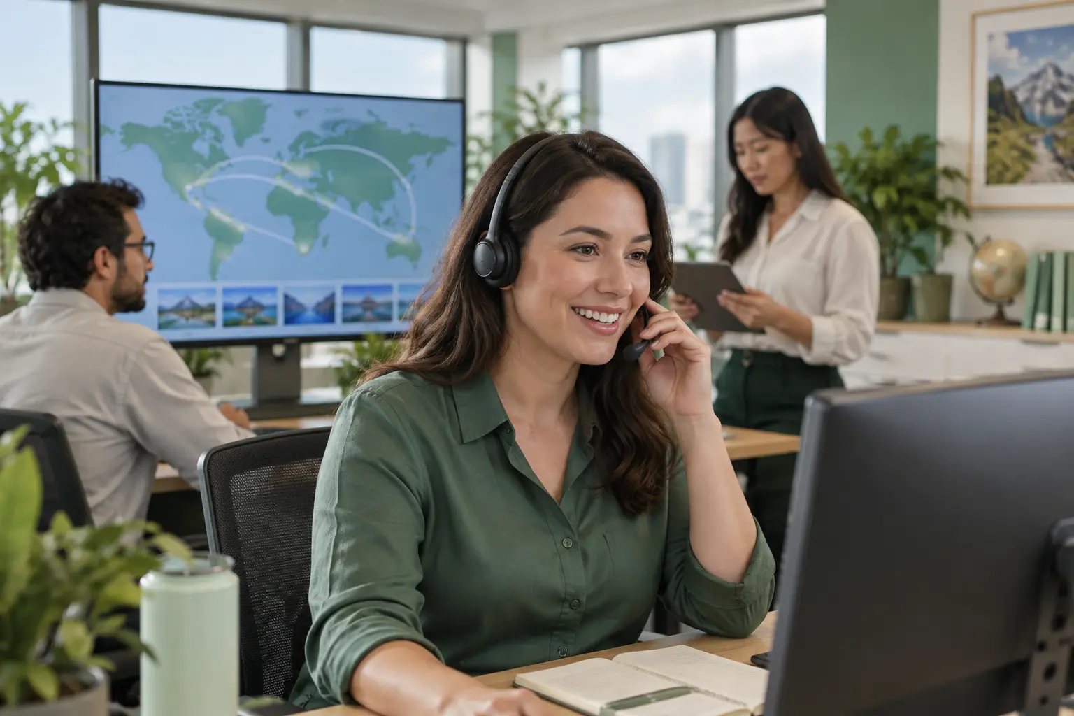 A travel agent speaking with a client on a headset while colleagues work on route maps